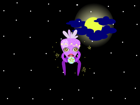 月夜に水晶玉をかかげる占い師のキャラクター