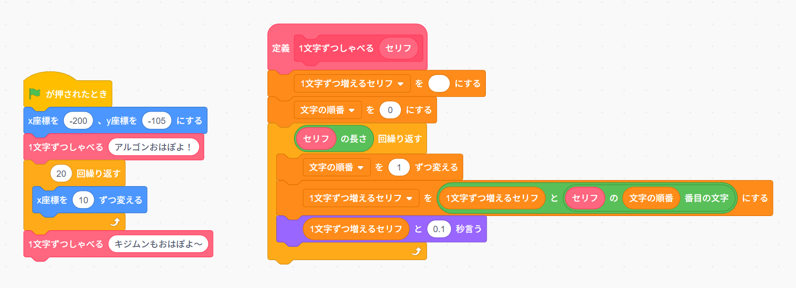 「1文字ずつしゃべる」ブロックの定義と、それを呼び出すメインのプログラム