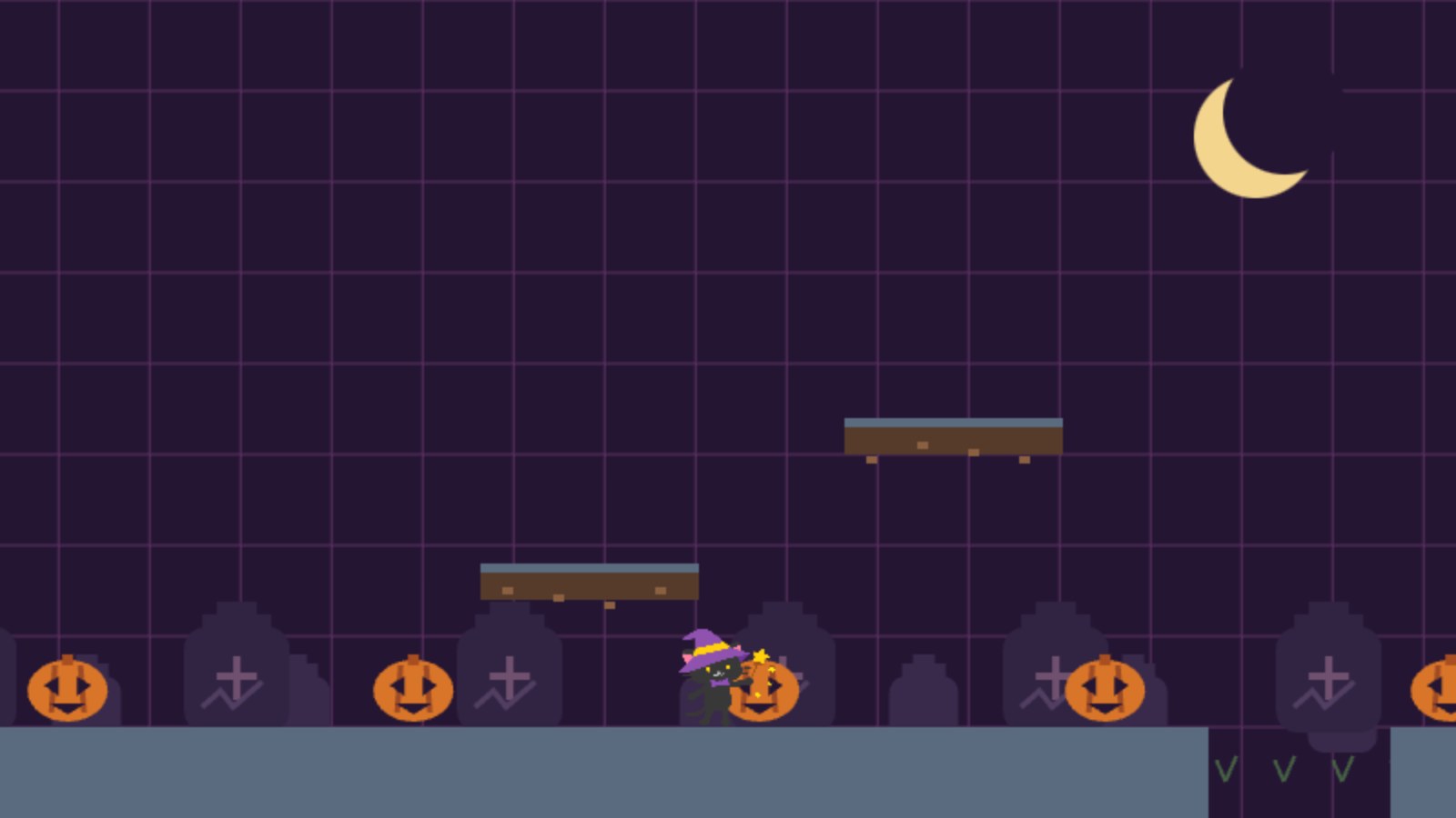 月夜の墓地とかぼちゃが並ぶハロウィンのゲーム画面