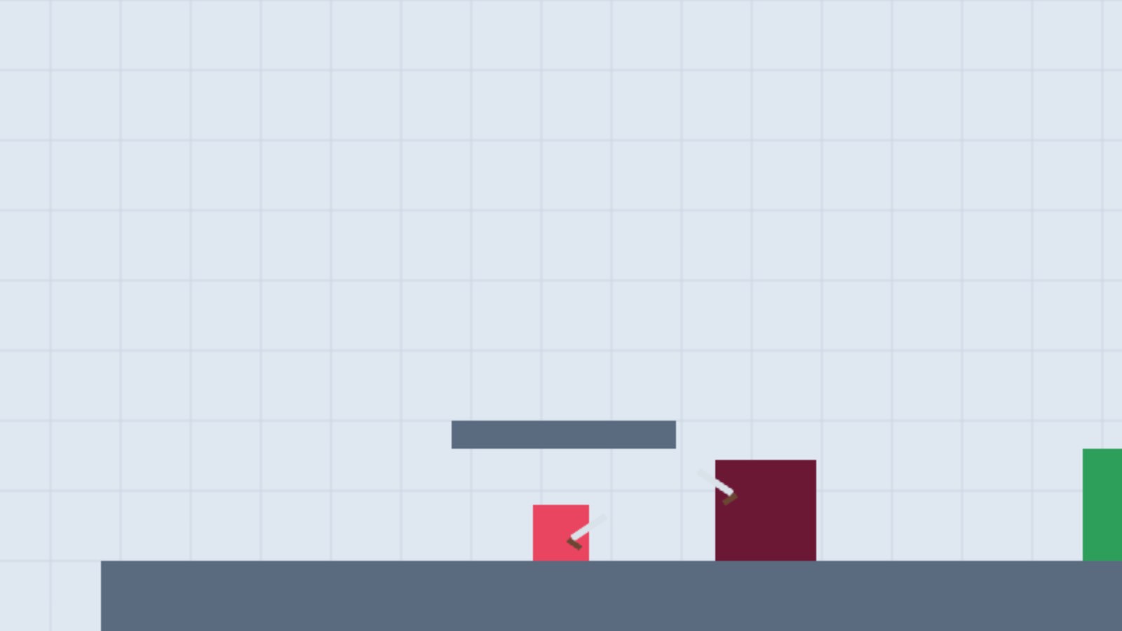 剣を持った赤い四角の主人公と、剣を持った大きなボスが向かい合うゲーム画面。右はしに緑のゴールがある