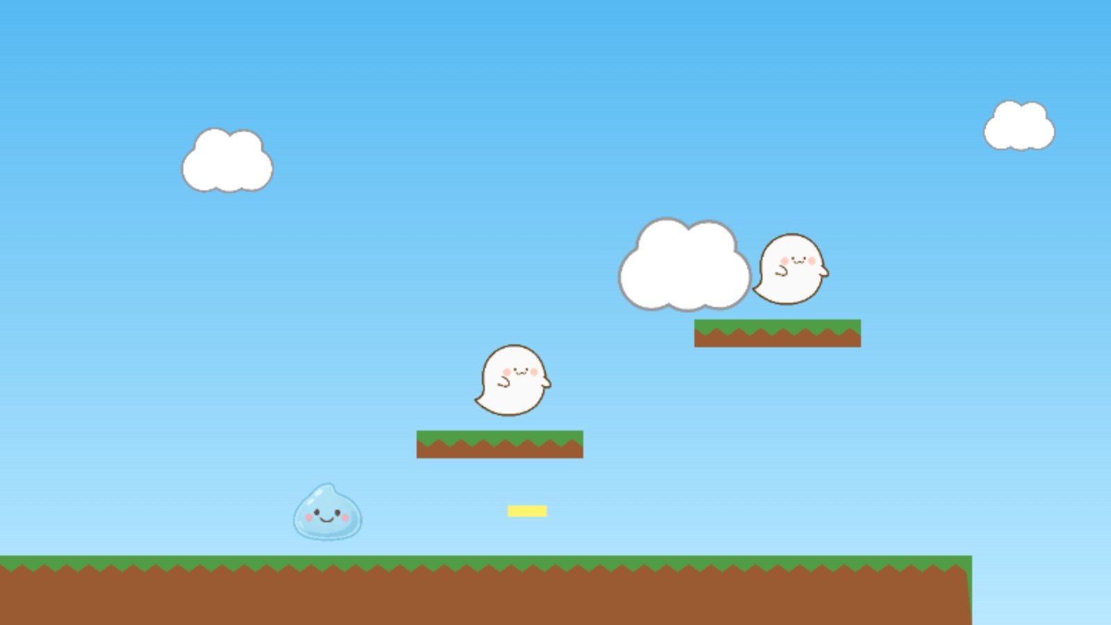 スライムの主人公がビームを撃ち、空にはおばけの敵がいるゲーム画面